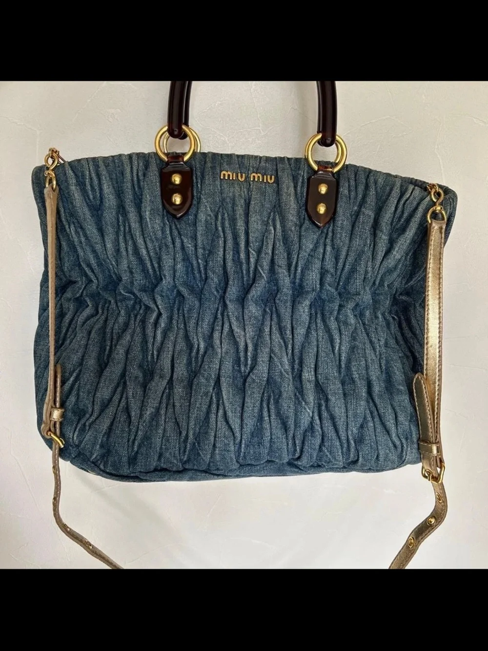 Miu Miu Blue Denim Matelassé Tote with Gold Hardware